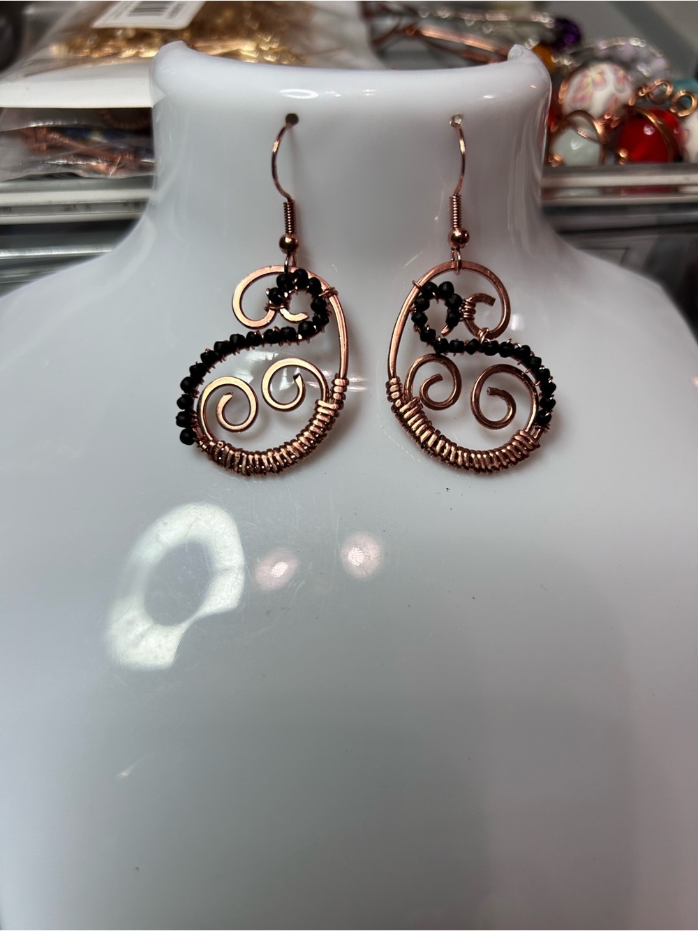 Handcrafted Copper Paisley  Earrings with Black Beads